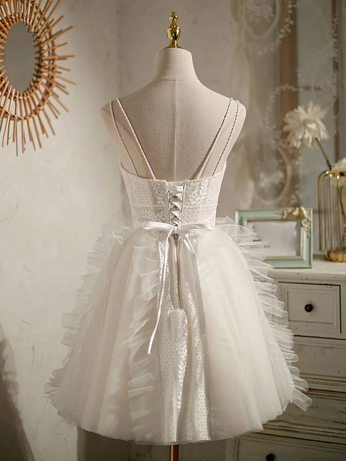 Vestido de fiesta corto de encaje de tul con escote en V color marfil, vestido de cóctel de encaje ED0657