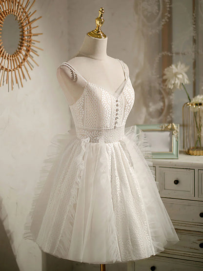 Vestido de fiesta corto de encaje de tul con escote en V color marfil, vestido de cóctel de encaje ED0657