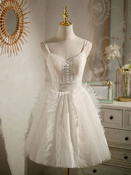 Vestido de fiesta corto de encaje de tul con escote en V color marfil, vestido de cóctel de encaje ED0657