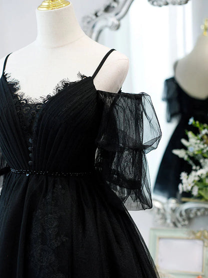 Vestido de fiesta corto negro de tul con encaje y corte en A, vestidos negros de bienvenida ED0658