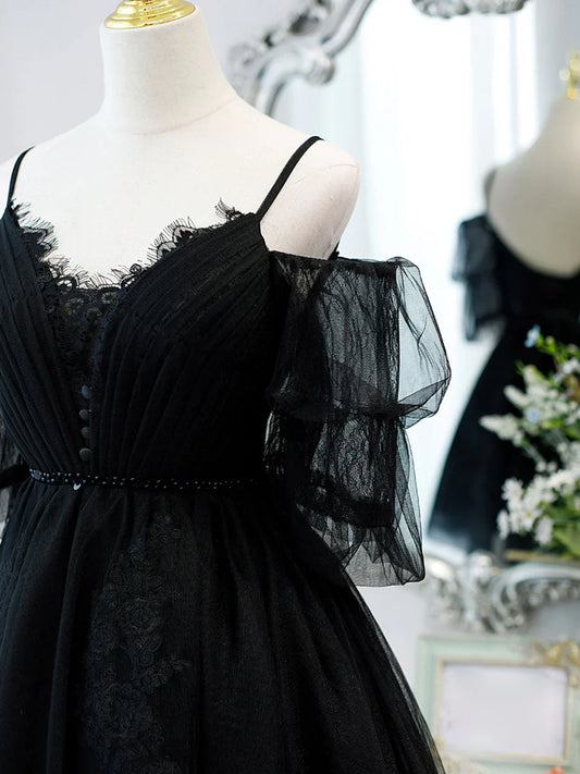 Vestido de fiesta corto negro de tul con encaje y corte en A, vestidos negros de bienvenida ED0658