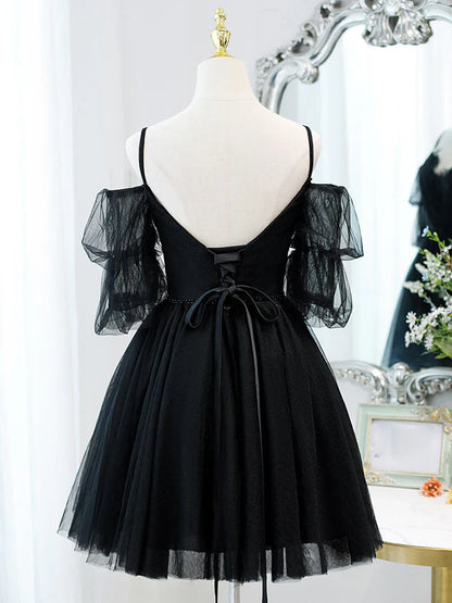 Vestido de fiesta corto negro de tul con encaje y corte en A, vestidos negros de bienvenida ED0658