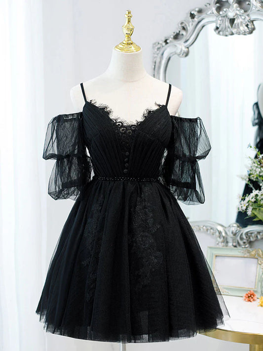 Vestido de fiesta corto negro de tul con encaje y corte en A, vestidos negros de bienvenida ED0658