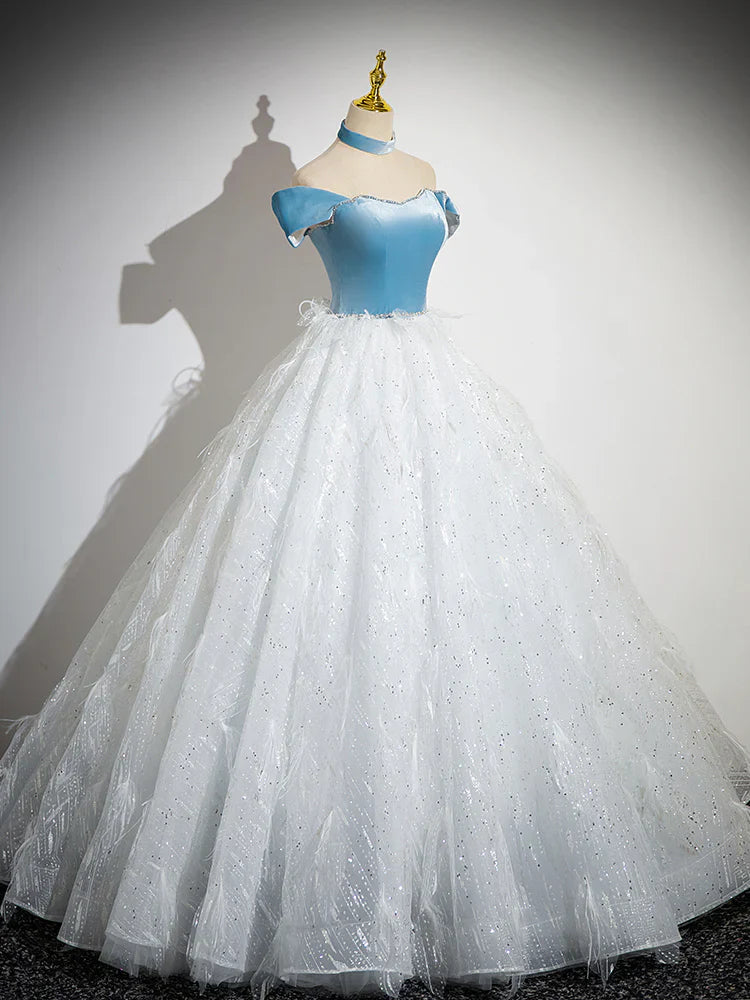 Vestido de fiesta largo de tul con encaje blanco y azul, corte A, vestido de noche largo blanco y azul ED066