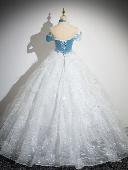 Vestido de fiesta largo de tul con encaje blanco y azul, corte A, vestido de noche largo blanco y azul ED066