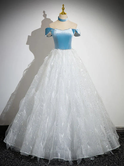 Vestido de fiesta largo de tul con encaje blanco y azul, corte A, vestido de noche largo blanco y azul ED066
