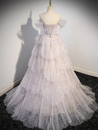 Vestido de fiesta largo de tul con lentejuelas y hombros descubiertos en rosa claro, corte A, vestido de noche largo con lentejuelas ED0663
