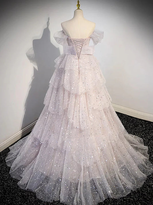 Vestido de fiesta largo de tul con lentejuelas y hombros descubiertos en rosa claro, corte A, vestido de noche largo con lentejuelas ED0663
