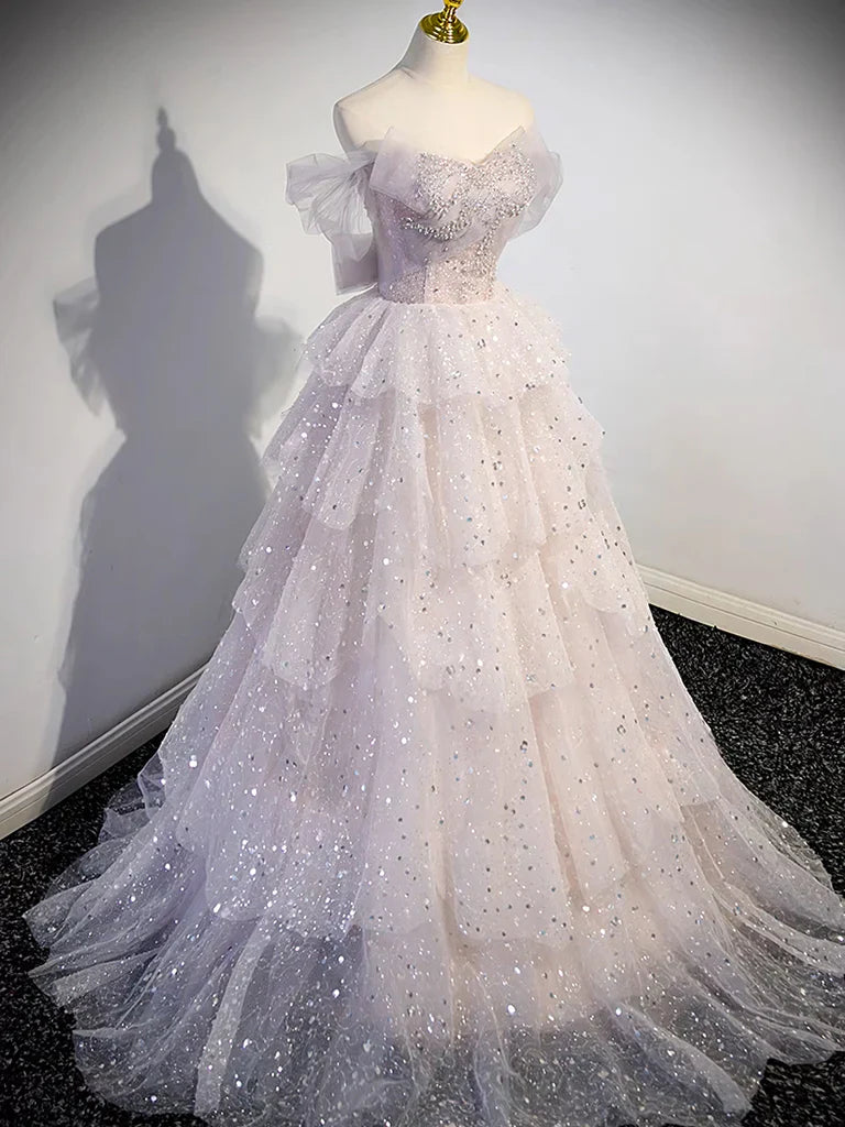 Vestido de fiesta largo de tul con lentejuelas y hombros descubiertos en rosa claro, corte A, vestido de noche largo con lentejuelas ED0663