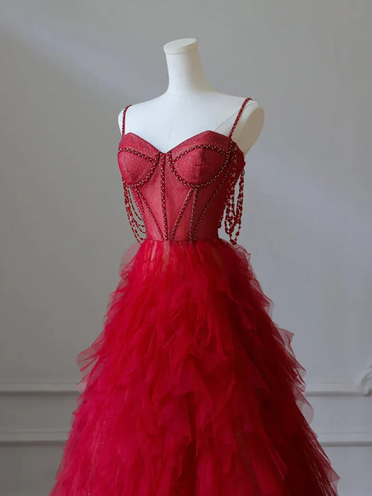 Vestido de fiesta largo burdeos con escote corazón, tul y cuentas, vestido de noche burdeos ED0665