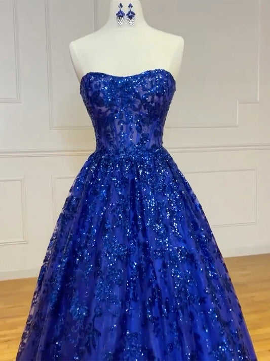 Vestido de fiesta largo azul con escote corazón, tul y lentejuelas, corte en A, vestido formal largo azul ED0666