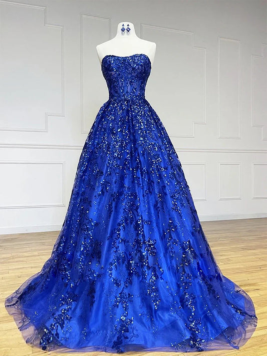 Vestido de fiesta largo azul con escote corazón, tul y lentejuelas, corte en A, vestido formal largo azul ED0666