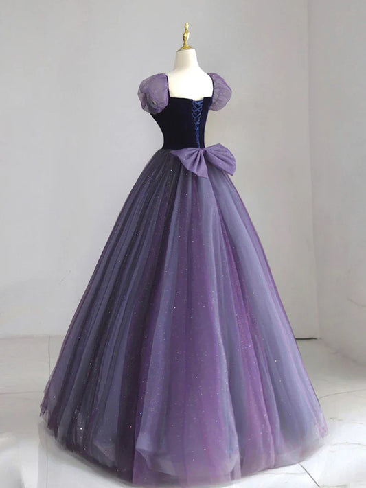 Vestido de fiesta largo morado de terciopelo y tul con mangas abullonadas, corte A, vestido formal largo morado ED0668