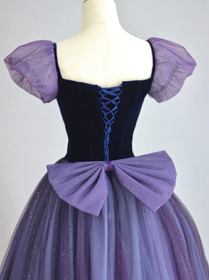 Vestido de fiesta largo morado de terciopelo y tul con mangas abullonadas, corte A, vestido formal largo morado ED0668