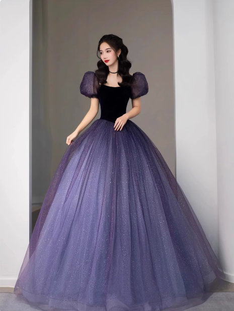 Vestido de fiesta largo morado de terciopelo y tul con mangas abullonadas, corte A, vestido formal largo morado ED0668