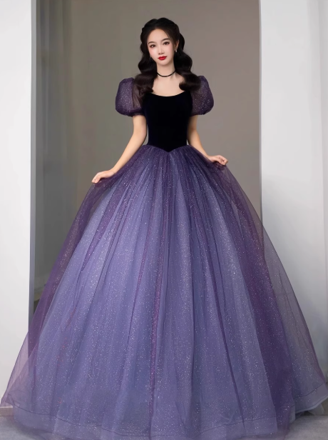 Vestido de fiesta largo morado de terciopelo y tul con mangas abullonadas, corte A, vestido formal largo morado ED0668