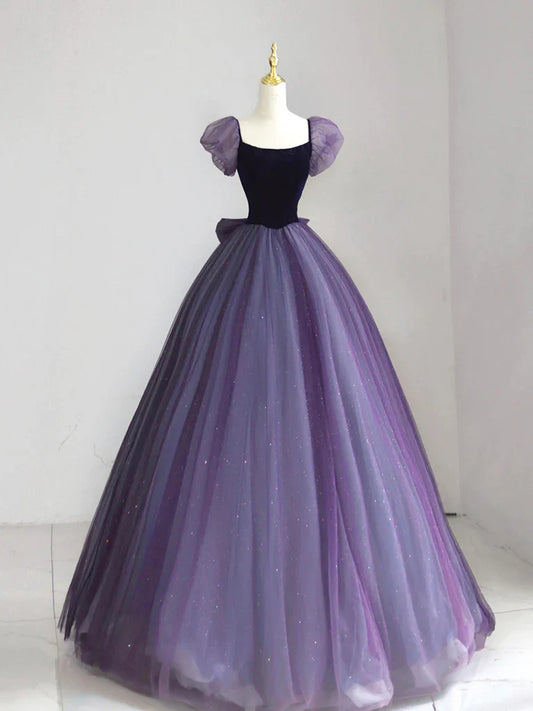 Vestido de fiesta largo morado de terciopelo y tul con mangas abullonadas, corte A, vestido formal largo morado ED0668