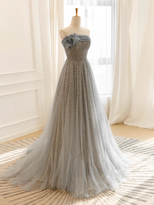 Gray Tulle Sequin Long Prom Dress, Gray Tulle Long Evening Dress ED0669