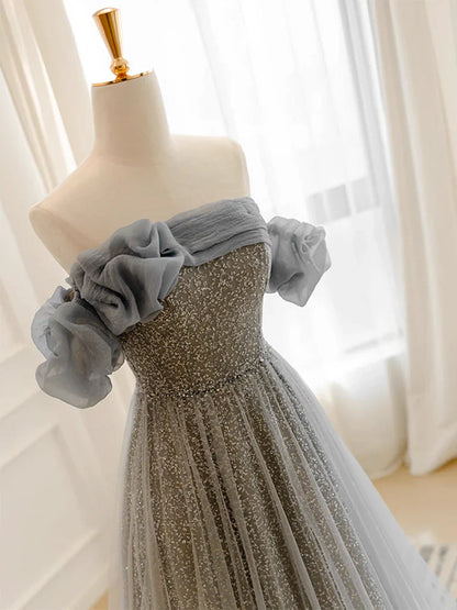 Gray Tulle Sequin Long Prom Dress, Gray Tulle Long Evening Dress ED0669