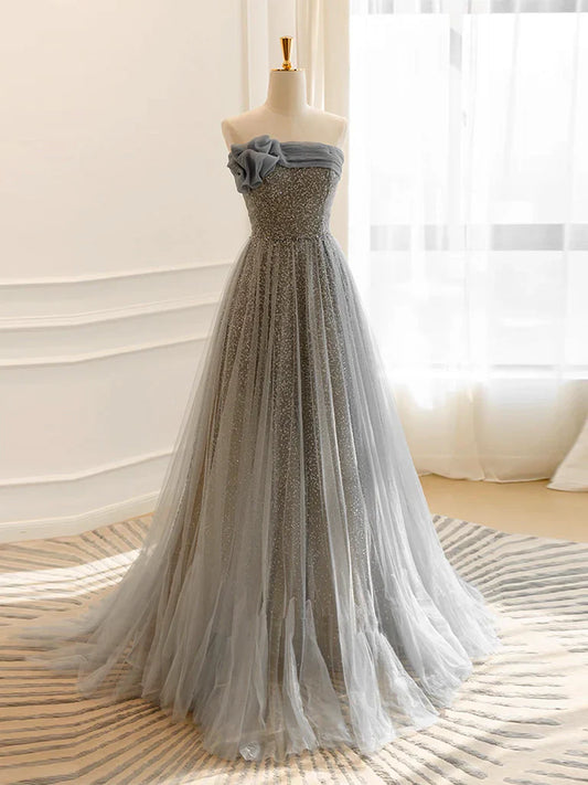 Gray Tulle Sequin Long Prom Dress, Gray Tulle Long Evening Dress ED0669
