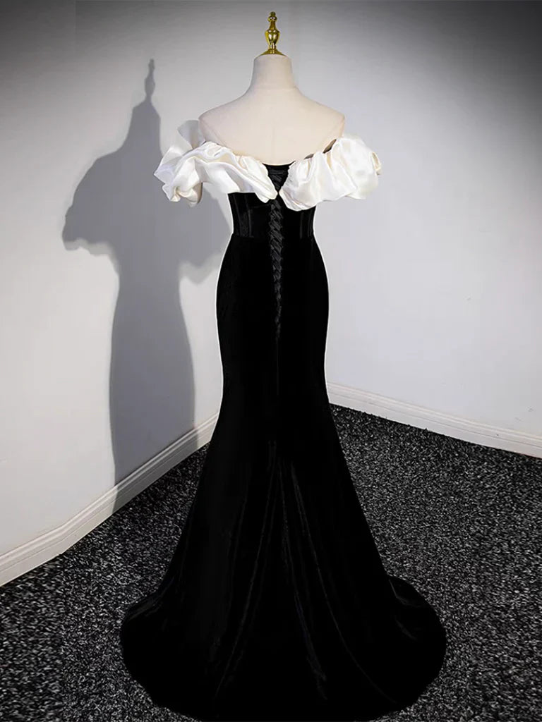 Vestido de fiesta largo de sirena con hombros descubiertos, negro, vestido formal largo negro ED0670