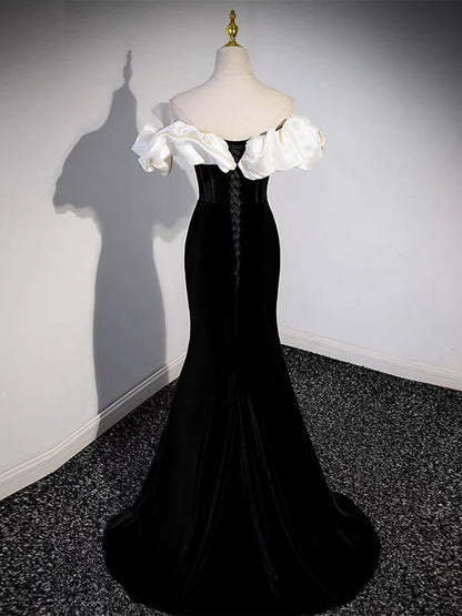 Vestido de fiesta largo de sirena con hombros descubiertos, negro, vestido formal largo negro ED0670