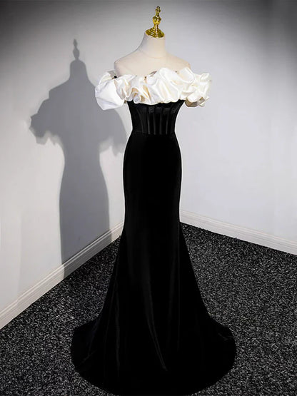 Vestido de fiesta largo de sirena con hombros descubiertos, negro, vestido formal largo negro ED0670