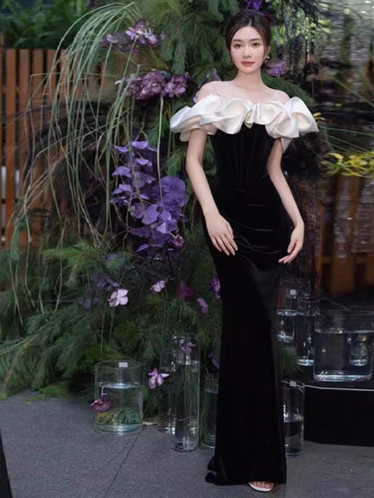 Vestido de fiesta largo de sirena con hombros descubiertos, negro, vestido formal largo negro ED0670
