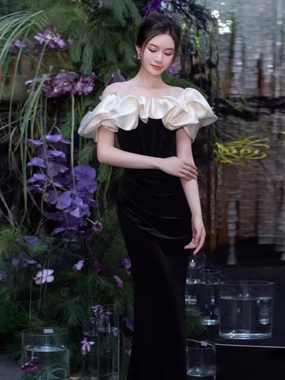 Vestido de fiesta largo de sirena con hombros descubiertos, negro, vestido formal largo negro ED0670