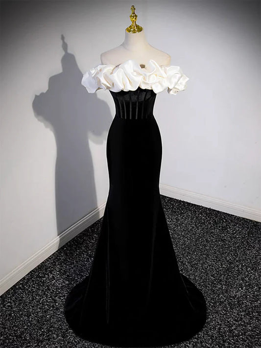 Vestido de fiesta largo de sirena con hombros descubiertos, negro, vestido formal largo negro ED0670