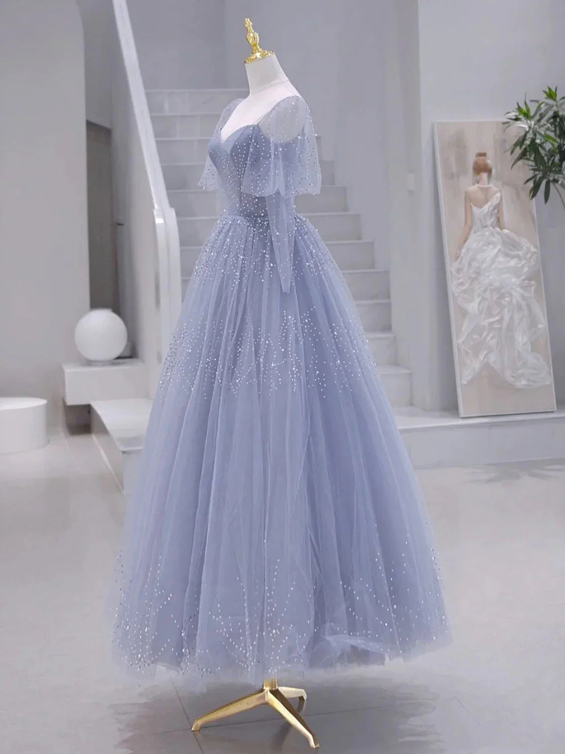 Vestido de fiesta largo azul grisáceo con mangas largas y cuentas, corte A, vestido formal azul grisáceo ED0671