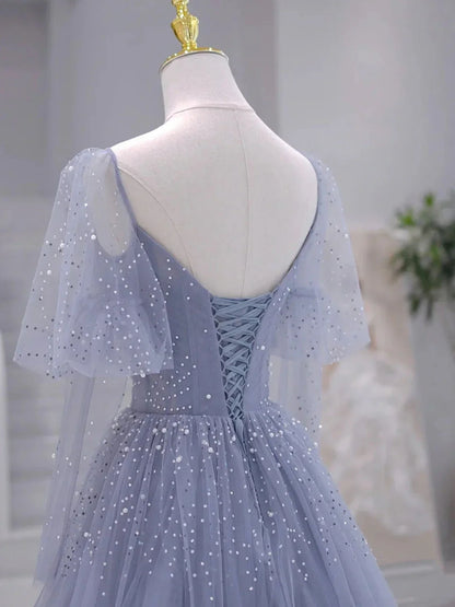 Vestido de fiesta largo azul grisáceo con mangas largas y cuentas, corte A, vestido formal azul grisáceo ED0671