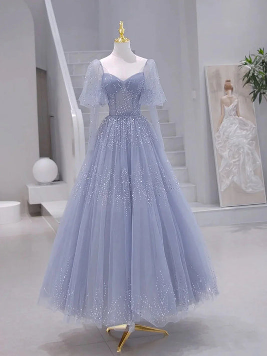 Vestido de fiesta largo azul grisáceo con mangas largas y cuentas, corte A, vestido formal azul grisáceo ED0671