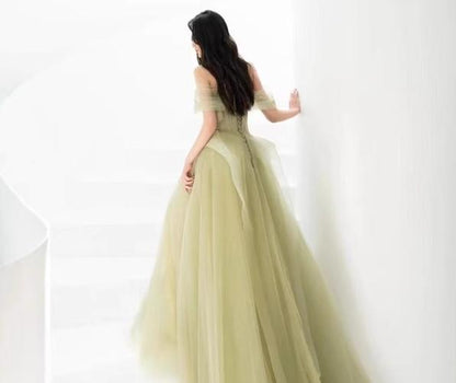 Vestido de fiesta largo de encaje verde con hombros descubiertos, vestido formal verde ED0673