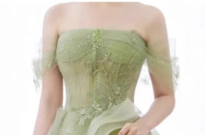 Vestido de fiesta largo de encaje verde con hombros descubiertos, vestido formal verde ED0673