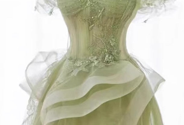 Vestido de fiesta largo de encaje verde con hombros descubiertos, vestido formal verde ED0673