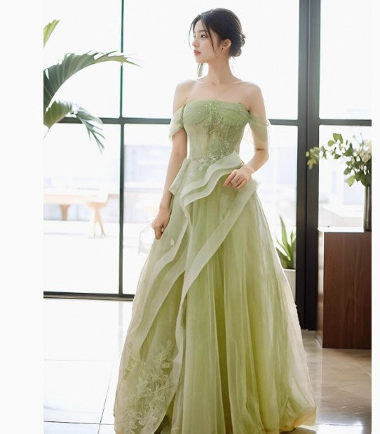 Vestido de fiesta largo de encaje verde con hombros descubiertos, vestido formal verde ED0673