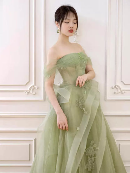 Vestido de fiesta largo de encaje verde con hombros descubiertos, vestido formal verde ED0673