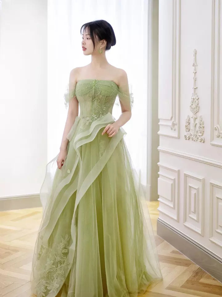 Vestido de fiesta largo de encaje verde con hombros descubiertos, vestido formal verde ED0673