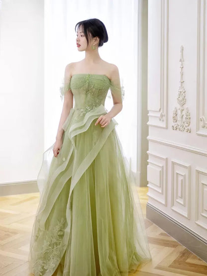 Vestido de fiesta largo de encaje verde con hombros descubiertos, vestido formal verde ED0673