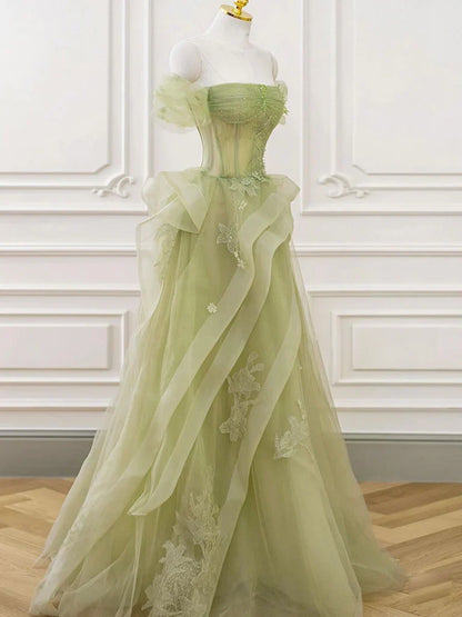 Vestido de fiesta largo de encaje verde con hombros descubiertos, vestido formal verde ED0673