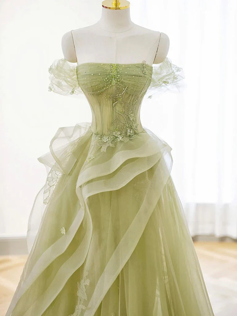 Vestido de fiesta largo de encaje verde con hombros descubiertos, vestido formal verde ED0673