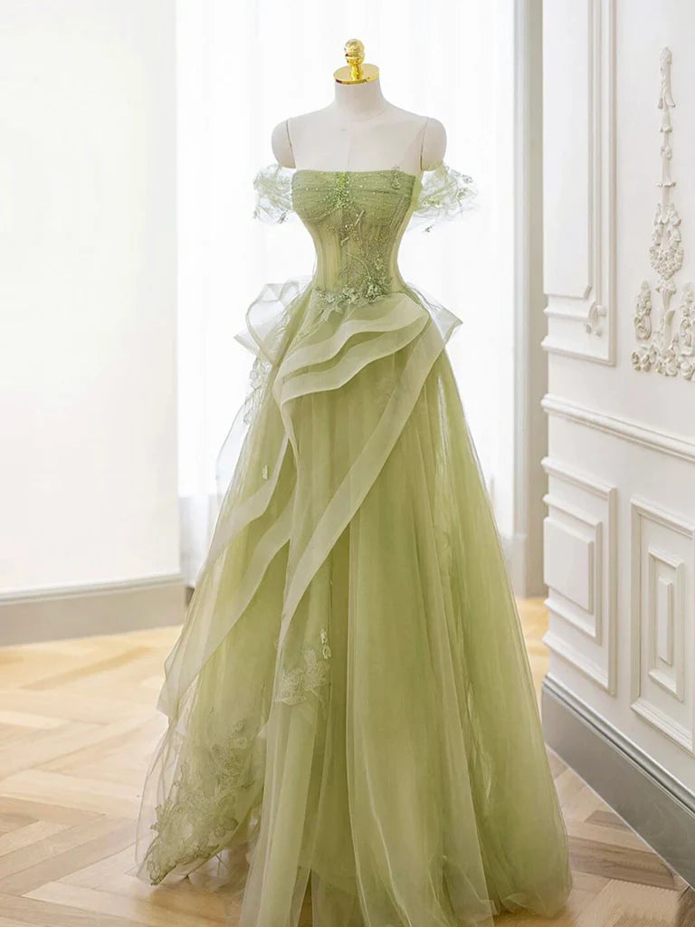Vestido de fiesta largo de encaje verde con hombros descubiertos, vestido formal verde ED0673