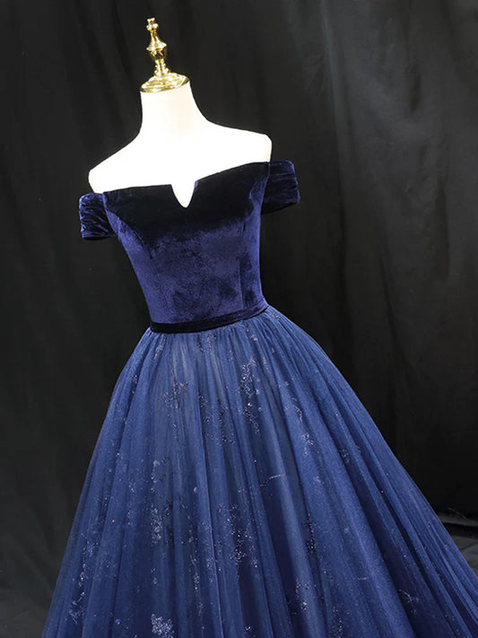 Vestido de fiesta largo de terciopelo y tul azul, corte A, vestido de noche formal azul ED0675