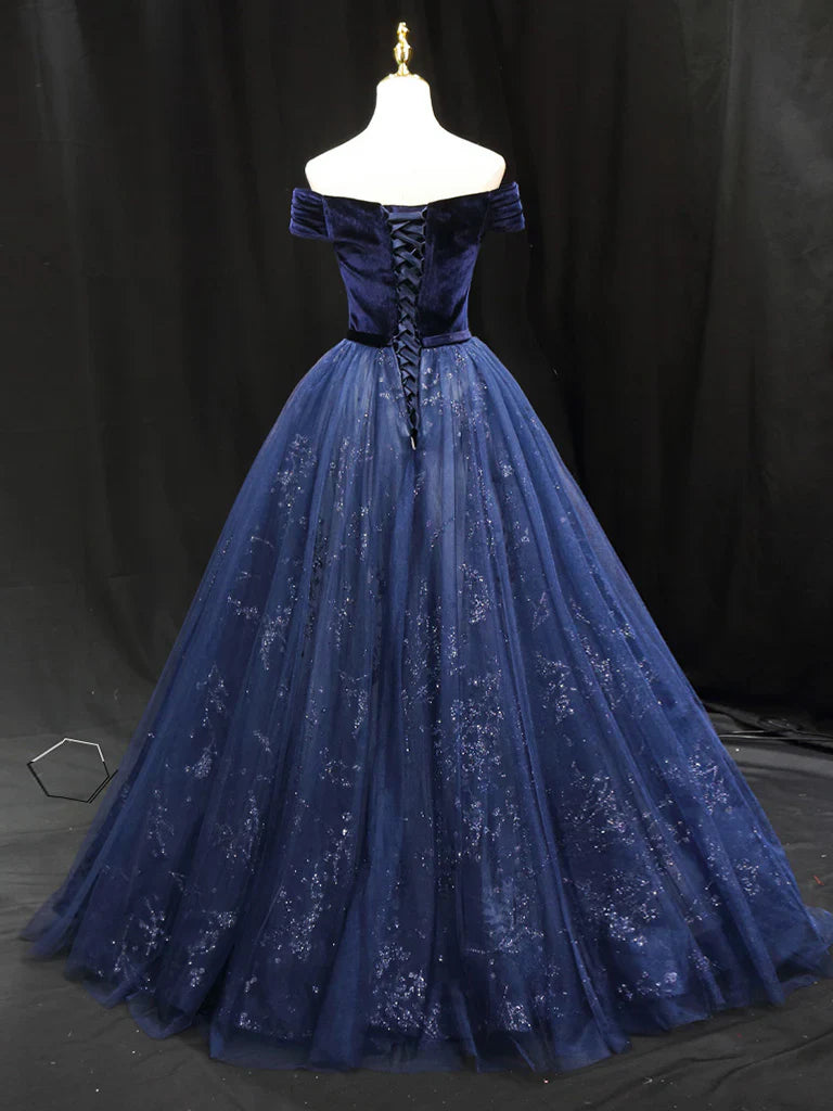 Vestido de fiesta largo de terciopelo y tul azul, corte A, vestido de noche formal azul ED0675