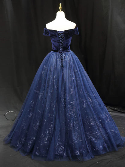 Vestido de fiesta largo de terciopelo y tul azul, corte A, vestido de noche formal azul ED0675