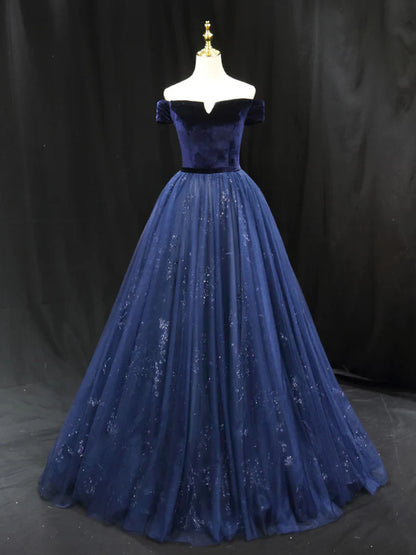 Vestido de fiesta largo de terciopelo y tul azul, corte A, vestido de noche formal azul ED0675