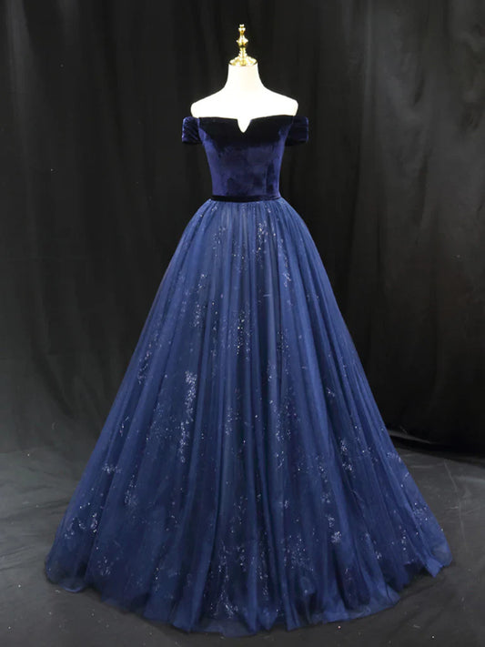 Vestido de fiesta largo de terciopelo y tul azul, corte A, vestido de noche formal azul ED0675