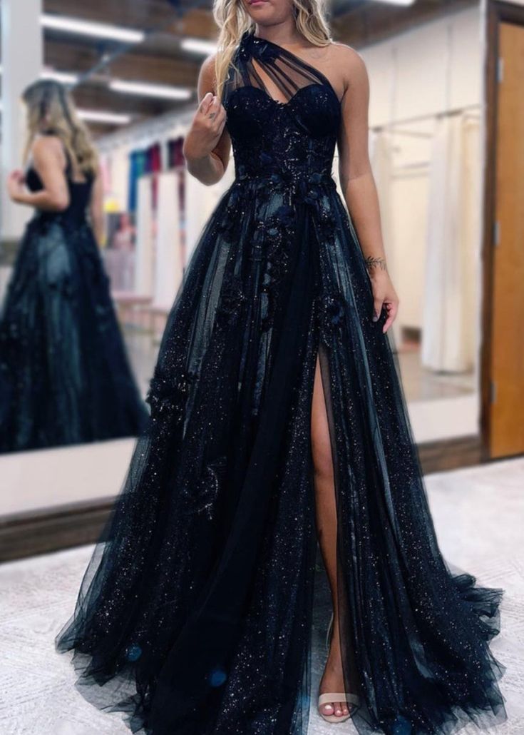 Vestido de fiesta negro de tul con encaje y un solo hombro, corte A, vestido de noche largo negro ED0676