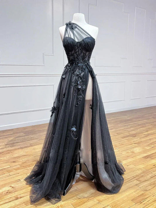 Vestido de fiesta negro de tul con encaje y un solo hombro, corte A, vestido de noche largo negro ED0676